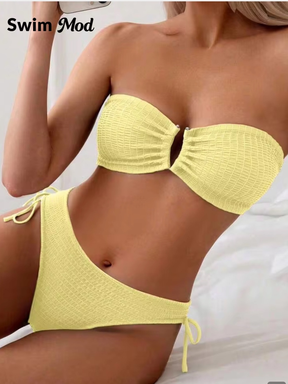 SHEIN Pale Yellow Textured Bandeau Bikini Set